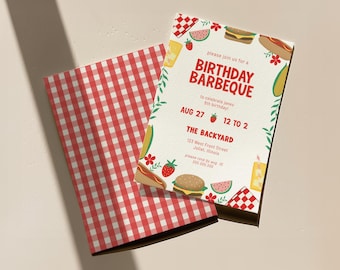 May include: A white invitation card with red and green illustrations of food and a picnic blanket. The text on the card reads "Please join us for a Birthday Barbeque to celebrate Janas 8th birthday! Aug 27 12 to 2 The Backyard 123 West Front Street Jollet, Illinois Please RSVP by Aug. 10"