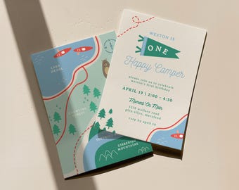 Happy Camper 1st Birthday Invitation: Camping Theme (Editable Print)