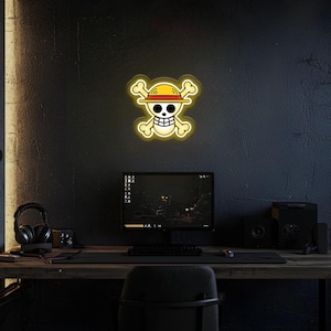Insegna al neon con teschio pirata giallo, luce al neon con teschio anime, insegna luminosa al neon per camera da letto, decorazione pirateria, regalo di compleanno
