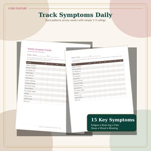 Puede incluir: Dos hojas blancas de seguimiento de síntomas con el texto "Track Symptoms Daily" y "Weekly Symptom Tracker". Las hojas enumeran 15 síntomas clave, incluyendo fatiga, niebla mental y dolor. Las hojas están diseñadas para detectar patrones a lo largo de las semanas.