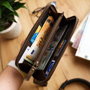 Cartera con cremallera para hombre, Cartera de muñeca para hombre, Cartera larga de cuero para hombre hecha a mano, Cartera larga con cremallera para hombre, Cartera de cuero marrón para hombre