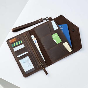 Cartera de viaje de cuero personalizada, Cartera de viaje para mujer, Cartera de mano tipo sobre, Cartera grande para mujer, Monedero grande, Cartera de mano para mujer