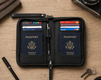 Portapasaportes familiar de cuero para 4 personas, cartera de viaje con bloqueo RFID.