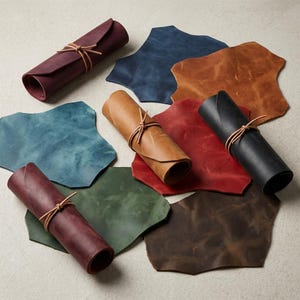 May include: A collection of colorful leather hides and rolled leather pieces tied with twine. The hides are in shades of blue, brown, red, green, and black. The rolled pieces are in burgundy, tan, and black.