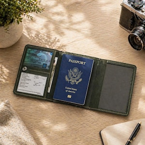 May include: Open green leather passport holder with a blue United States of America passport inside. The holder is open, revealing a clear ID window and card slots. The holder is on a wooden surface.