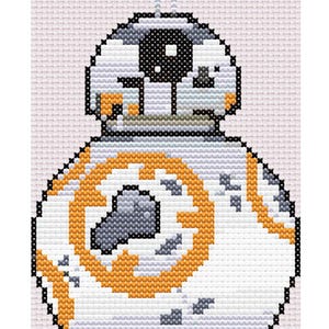 May include: Cross-stitch pattern of BB-8, a droid from Star Wars. The design features a white, orange, gray, and black color scheme. The cross-stitch is on a light pink background, showcasing the droid's spherical body and head.