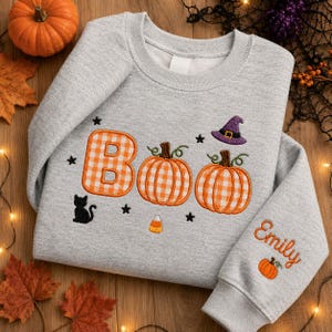 Personalized Halloween Sweatshirt, Custom Name Sleeve, BOO Pumpkin Gingham Applique, Embroidered Fall Pullover, Spooky Season Gift