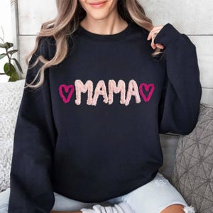 Personalized Chenille Yarn Embroidered Mama Sweatshirt with Kid Names on Sleeve| Custom name Chenille Patch, Cheer mom, Mothers Day Gift