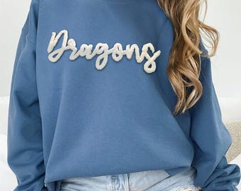 Personalized Chenille Yarn Embroidered Sports Team Sweatshirt, High School Teams, Eagles, Colts spirit, custom name Chenille Patch,Cheer mom