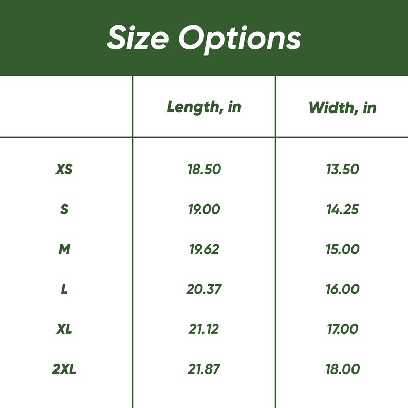 K&ouml;nnte beinhalten: Eine Gr&ouml;&szlig;entabelle f&uuml;r Kleidung, die L&auml;nge und Breite in Zoll anzeigt. Die Gr&ouml;&szlig;en reichen von XS bis 2XL, mit entsprechenden Ma&szlig;en. Der Text "Size Options" befindet sich oben im Bild.