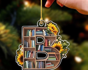 Custom Bookshelf Alphabet Letter Christmas Tree Ornament, Sunflower bookshelf alphabet, Book Lover Gift, Bookworm Gift, Book Club Ornament