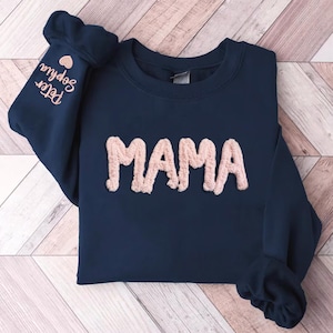 Personalized Chenille Yarn Embroidered Mama Sweatshirt with Kid Names on Sleeve| Custom name Chenille Patch, Cheer mom, Mothers Day Gift