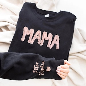 Personalized Chenille Yarn Embroidered Mama Sweatshirt with Kid Names on Sleeve| Custom name Chenille Patch, Cheer mom, Mothers Day Gift