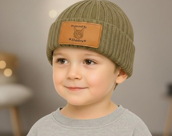 Custom Baby Beanie with Pet Portrait, Baby Beanie Protected By Hat, Baby Beanie with Leather Patch, Baby Knitted Hat, Pet portrait beanie
