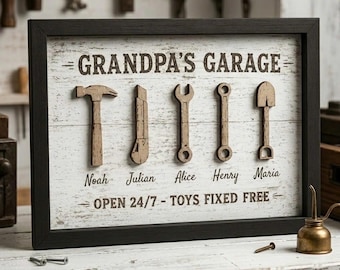 Personalized Grandpa’s Garage Sign, Custom Grandkids Names Tool Plaque, Rustic Garage Decor, Father’s Day Gift For Grandpa