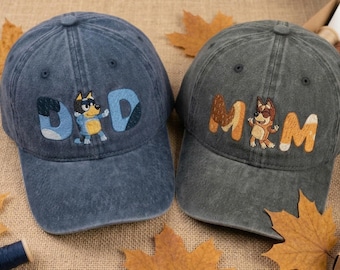 B.lu.ey Dad Mom Embroidered Hat, Matching Parents Cap, Cartoon Dog Dad Hat, Mom Dad Couple Hat, Cute Family Gift, Embroidered Vintage Cap