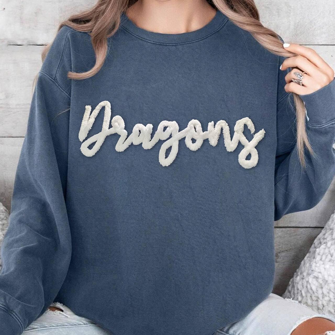 Personalized Chenille Yarn Embroidered Sports Team Sweatshirt, High School Teams, Eagles, Colts spirit, custom name Chenille Patch,Cheer mom