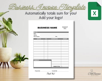 May include: A black and white business invoice template with the text "BUSINESS NAME" and "Invoice # 00xx". The template includes sections for "Bill To", "Service", "Description", "Amount", "Comments", and "Grand Total".