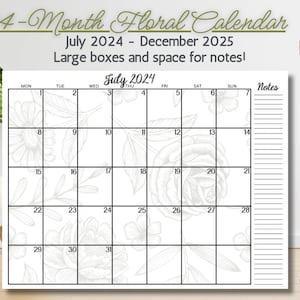 Puede incluir: Un calendario floral imprimible para julio de 2024 a diciembre de 2025. El calendario presenta un diseño floral con fondo blanco y líneas negras. El calendario tiene casillas grandes para notas y espacio para escribir.