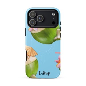 May include: A light blue phone case featuring a tropical design with green coconuts, pink flowers, and a small paper umbrella. The text "E-Shop" is printed on the case.