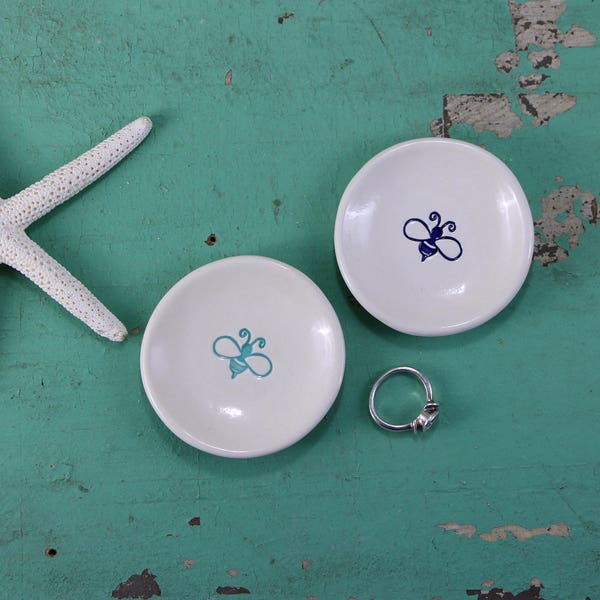 Handmade Small Mini Ceramic Ring Dish with aqua bee or navy bee, Tea Bag Dish with Bee, Mini Trinket Dish with Bumble Bee