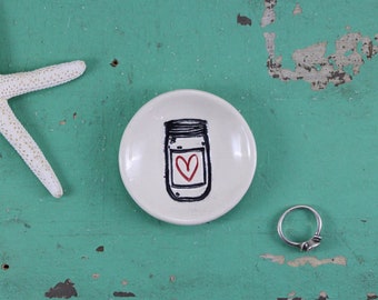 Handmade Ring Dish with Mason Jar and Heart, Mini Round Dish with Jar of Love, Trinket Dish with Mason Jar Design