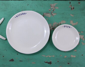 Handmade Olives Serving Dish Set: White Ceramic Olive and Pits Bowls