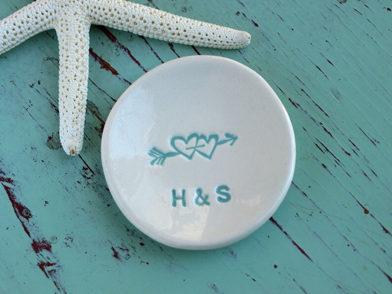 Handmade Engagement Ring Dish with Hearts, Double Heart Design Ring Dish, Personalized Mini Ring Dish, Engagement Ring Dish with Initials Aqua #71