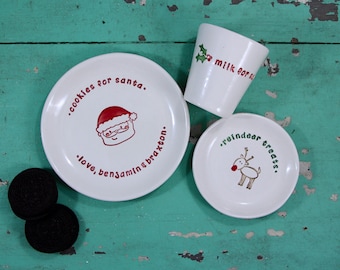 Handmade Personalized Cookies for Santa Plate, Custom Santa Dish with Cup for Milk and Reindeer Treat Dish, Custom Holiday Cookie Dish