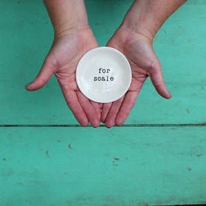 May include: A small white ceramic dish with the words "for scale" written on it. The dish is being held in the hands of a person.