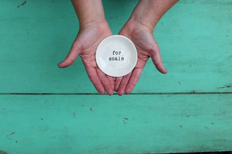 May include: A small white ceramic dish with the words "for scale" written on it. The dish is being held in the hands of a person.