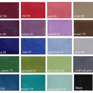 May include: A color chart with 16 different paint colors, each with a name and a number. The colors include wine, red, pink, khaki, plum, purple, orchid, brown, navy, blue, light blue, grey, dark green, avocado, light green, charcoal grey, teal, aqua, sage green, and black.