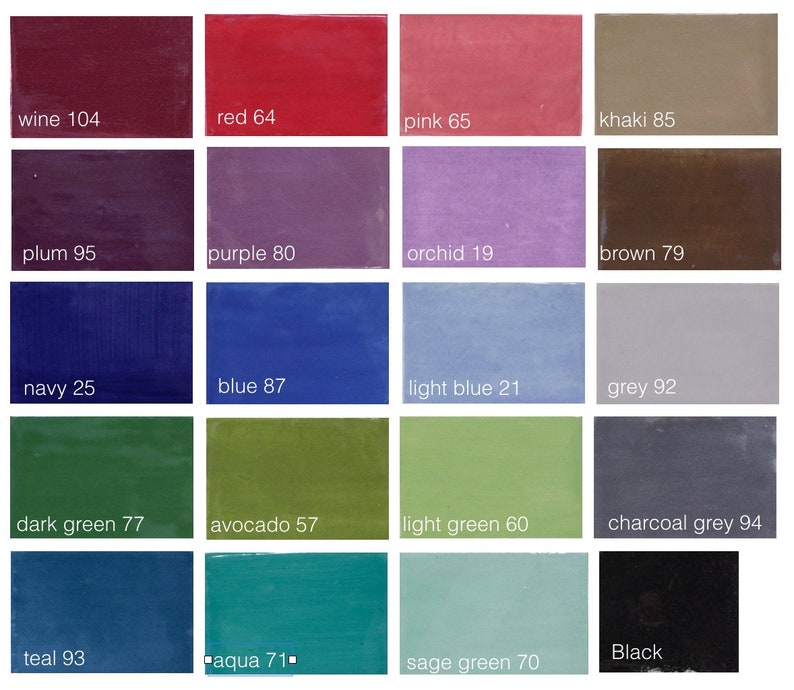 May include: A color chart with 16 different paint colors, each with a name and a number. The colors include wine, red, pink, khaki, plum, purple, orchid, brown, navy, blue, light blue, grey, dark green, avocado, light green, charcoal grey, teal, aqua, sage green, and black.