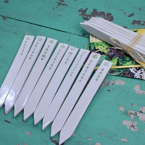 May include: White plant markers with green lettering for basil, chives, thyme, parsley, mint, cilantro, oregano, and sage. The markers are arranged in a row on a blue wooden surface.