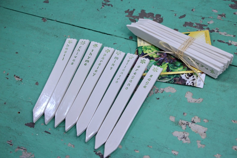 May include: White plant markers with green lettering for basil, chives, thyme, parsley, mint, cilantro, oregano, and sage. The markers are arranged in a row on a blue wooden surface.