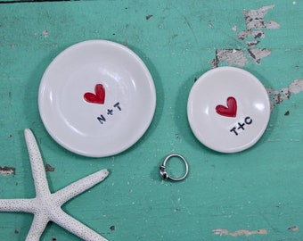 Handmade Engagement Ring Dish with Heart, Heart Trinket Dish, Personalized Mini Ring Dish with Heart and Initials, Custom Heart Ring Dish