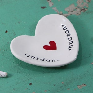 Ring Dish Trinket Dish Jewelry Dish Engagement Ring Dish Heart Shaped Ceramic Ring Dish with Heart and Names Text