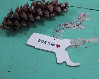 Handmade Boston Ornament, Boston Strong Ornament, Ornament with Boston and red heart, Holiday Hostess Gift, Ready to ship,