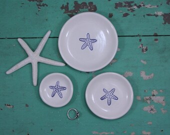 Handmade Ring Dish with Aqua or Navy Starfish, Catch-all Dish with Starfish, Starfish Trinket Dish, Starfish Jewelry Dish, Beach House Decor