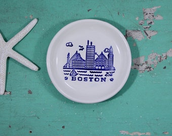 Handmade Boston Skyline on Small Round Ring Dish, Trinket Dish with Boston, Boston MA dish, Catch All Dish, Organizing Dish