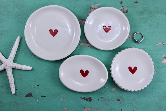 Handmade Ceramic Heart Ring Dish: Scalloped Edge Jewelry Holder