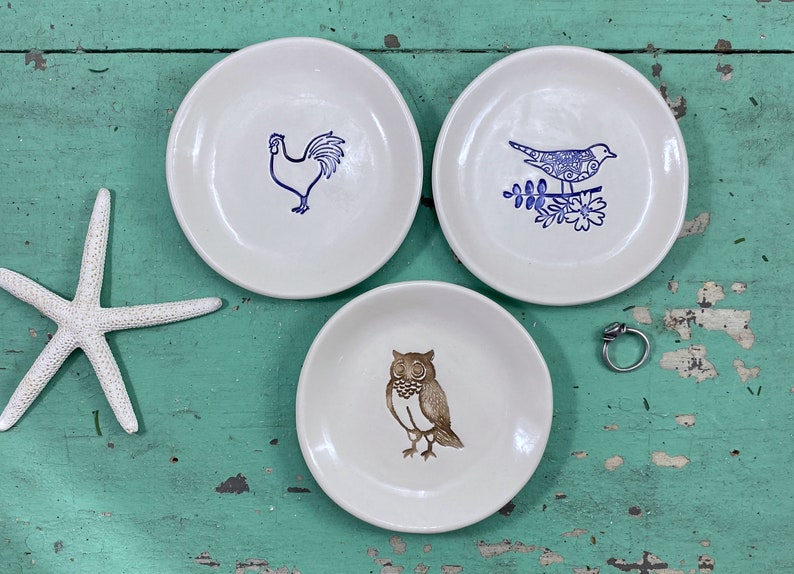 Small Round Jewelry Dish with Bird on Branch Trinket Dish Ring holder with Chicken Ring Dish with Brown Owl Ring Holder