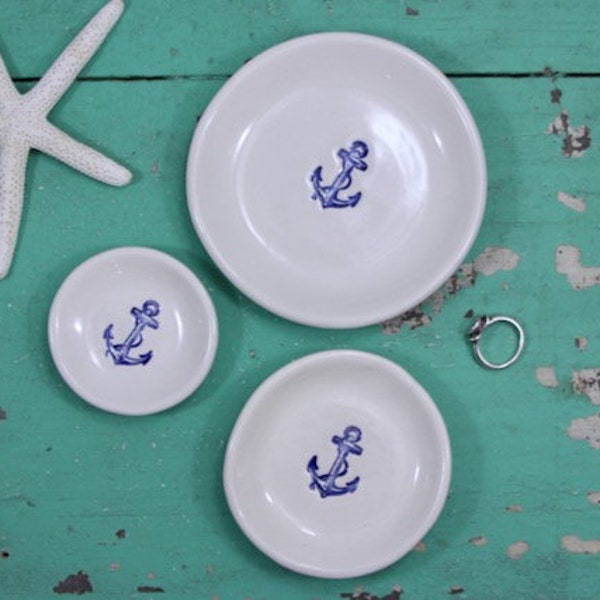 Handmade Nautical Ring Dish Jewelry Dish Soap Dish with Navy Blue Anchor Aqua Anchor Trinket Dish Boat Anchor