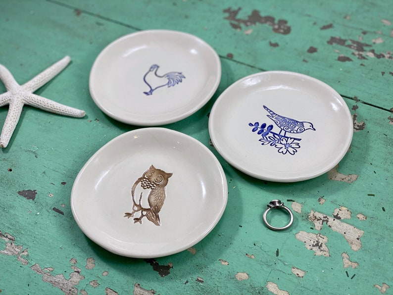 Small Round Jewelry Dish with Bird on Branch Trinket Dish Ring holder with Chicken Ring Dish with Brown Owl Ring Holder