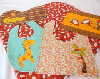 SALE  - Price just reduced -Giraffes and Alligators and Monkeys Swaddling blanket, 2 burp cloths and 2 bibs!