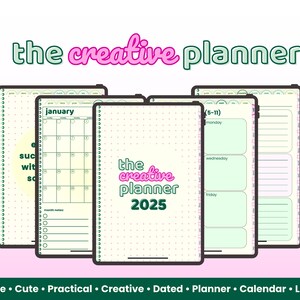 Könnte beinhalten: Digitaler Planer mit hellrosa und grünem Design. Der Text "the creative planner" steht oben. Der Planer enthält Kalenderseiten, Tagespläne und das Jahr 2025. Der untere Teil des Bildes enthält die Wörter: Simple, Cute, Practical, Creative, Dated, Planner, Calendar, Lists, Intuitive.