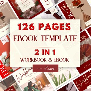 Może przedstawiać: Kolaż obrazów prezentujący szablon e-booka o 126 stronach w czerwono-białej kolorystyce. Tekst "126 Pages eBook Template 2 in 1 Workbook & eBook Made in Canva" jest wyświetlany w środku obrazu.