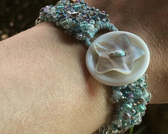 Bubbly Iridescent Seafoam Crochet Cuff Beaded Bracelet Button Closure