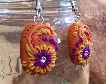 Power Flower Tangerine Fuchsia Clay Rhinestone Silver Hook Earrings with Flourish