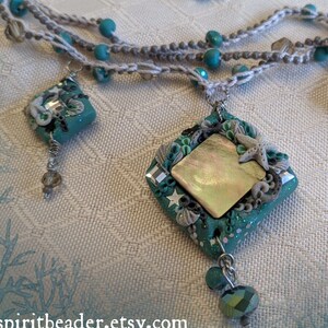 Abalone Diamond Trinity Polymer Pendant Teal Coral Reef Crochet Crystal Necklace
